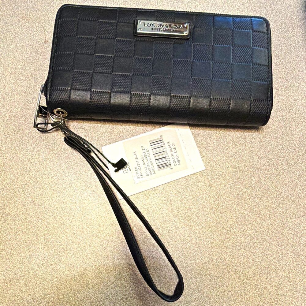 London Fog Dakota Zip Around Wristlet Wallet Black Check Logo Zipper Strap